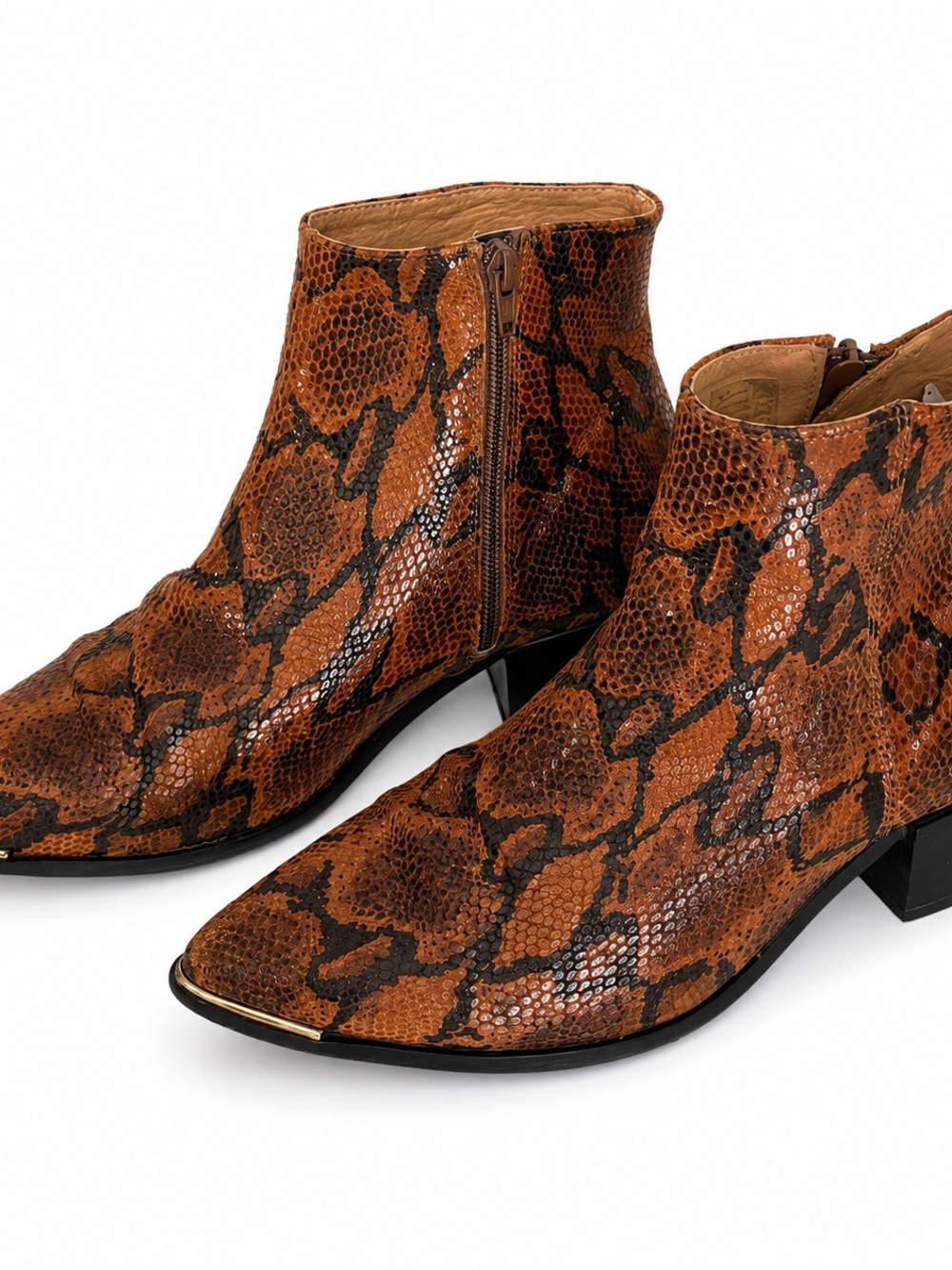 Pavement Brown Snake-Print Pointed Ankle Booties
